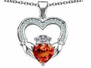 Star K Hands Holding 8mm Crown Heart Claddagh Pendant Necklace with Simulated Orange Mexican Fire Opal Sterling Silver