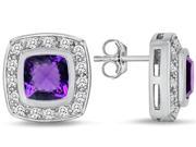 Star K 7mm Cushion Cut Simulated Amethyst Halo Earrings Studs in Sterling Silver