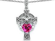 Star K Claddagh Cross Pendant Necklace with 7mm Heart Shape Created Pink Sapphire in Sterling Silver