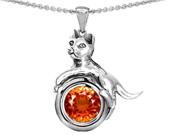 Star K Cat Lover Pendant Necklace with October Birth Month Simulated Orange Mexican Fire Opal in Sterling Silver