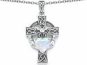 Star K Claddagh Cross Pendant Necklace with 7mm Heart Shape Created Opal in Sterling Silver