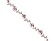 Sterling Silver 7.75inch Pink and Clear Cubic Zirconia Flower Bracelet