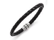 Chisel Stainless Steel Polished Black Ip plated Black Woven Leather Bracelet