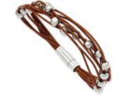 Chisel Stainless Steel Polished Beads and Brown Leather 7.5in Bracelet