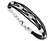 Chisel Stainless Steel Black Leather and Polished Beads 7.5in W ext Bracelet