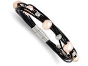 Chisel Stainless Steel Black Leather W simulated Pearls 7.5in Bracelet