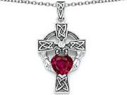 Star K Claddagh Cross Pendant Necklace with 7mm Heart Shape Created Ruby in Sterling Silver