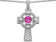 Star K Celtic Cross Pendant Necklace with 7mm Round Created Pink Sapphire in Sterling Silver