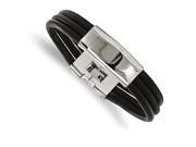 Chisel Stainless Steel Polished Blk Leather Id Bracelet
