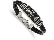 Chisel Stainless Steel Polished Antiqued Cross Black Leather Bracelet
