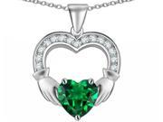 Star K Hands Holding 8mm Heart 1inch Claddagh Pendant Necklace with Simulated Emerald in Sterling Silver