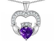 Star K Hands Holding 8mm Crown Heart Claddagh Pendant Necklace with Simulated Amethyst in Sterling Silver