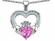 Star K Hands Holding 8mm Crown Heart Claddagh Pendant Necklace with Created Pink Sapphire in Sterling Silver