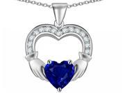 Star K Hands Holding 8mm Heart Claddagh Pendant Necklace with Created Sapphire in Sterling Silver