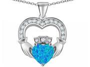 Star K Hands Holding 8mm Crown Heart Claddagh Pendant Necklace Blue Created Opal and Cubic Zirconia in Sterling Silver