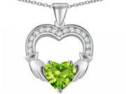 Star K Hands Holding 8mm Heart Claddagh Pendant Necklace with Simulated Peridot and Cubic Zirconia in Sterling Silver