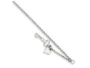 10 Inch 14k White Gold Adjustable Polished Puffed Heart and Key Anklet