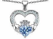 Star K Hands Holding 8mm Crown Heart Claddagh Pendant Necklace with Simulated Aquamarine in Sterling Silver