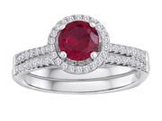 Star K Round Created Ruby Halo Wedding Set in Sterling Silver Size 6