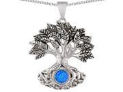 Star K Tree Of Life Good Luck Pendant Necklace with 7mm Round Blue Created Opal in Sterling Silver