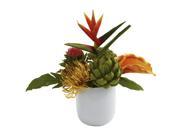 Nearly Natural Tropical Floral Arrangement w White Glass Vase