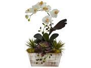 Nearly Natural Orchid Succulent Garden w White Wash Planter