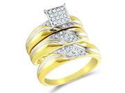 10K Two Tone Gold Diamond Trio 3 Ring His Hers Set Square Princess Shape Center Setting w Micro Pave Set Round Diamonds .29 cttw G H SI2 SEE OVERV