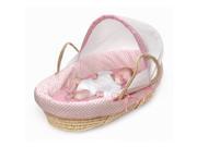 Natural Moses Basket with Fabric Canopy Pink Polka Dot Bedding