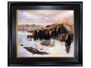 Art Reproduction Oil Painting The Buffalo Herd with Vintage Creed Frame Distressed Rich Black Stained Wood with Gold Liner 29 X 33 Hand Painted Framed