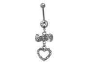 Round CZ Heart Bow Dangling 14g Navel Belly Button Ring