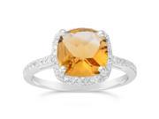 8MM Cushion Yellow Citrine .16 cttw Diamond Sterling Silver Ring Size 5