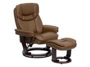 Contemporary Palimino Leather Recliner and Ottoman with Swiveling Mahogany Wood Base By Flash Furniture