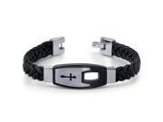 Mens Stainless Steel and Braided Leather Cross Motif Bracelet