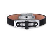 Mens Stainless Steel and Leather Bracelet with Black Hinge and Rivet Accents