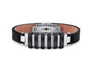 Mens Stainless Steel and Leather Bracelet with Raised Black Stripe Accents