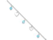 Sterling Silver 9 Polished Heart and Blue Glass with 1in ext. Anklet
