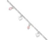 Sterling Silver 9 Polished Heart and Rose Glass with 1in ext. Anklet