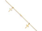 14K Yellow Gold Polished and Textured Cross with 1in ext. Anklet