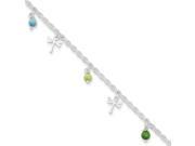 Sterling Silver Polished Dragonflies with Aqua Green Beads 9in with 1ext. Anklet