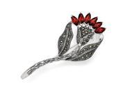 Sterling Silver Marcasite and Red Cubic Zirconia Flower Pin