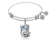 Expandable Bangle in White Tone Brass with Beach Bucket with Sea Shells Symbol