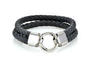 Braided Black Double Band Leather Mens Bracelet 12 MM 8.50 Inches with Stainless Steel Lobster Clasp