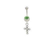 Dangling Cross Balls Belly Button Ring with Green Cz Jewel