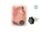 Sterling Silver Flower Ear Studs with Blue Gem