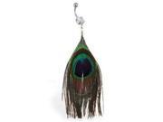 Real Feather Belly Bar Ring with Peacock Design