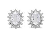 Diamond and 6 x 4 MM Oval Shaped White Topaz Earrings in 14K White Gold 1 20 cttw