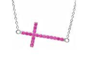 Created Pink Sapphire Side Set Cross Necklace in Sterling Silver adustable 16 18in