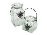 Pack of 4 Hanging Glass Jar Pillar Candle Holders with Flower Charm Accents
