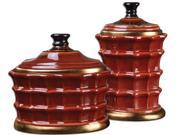 Set of 2 Red Gold Waffle Pattern Ceramic Containers with Removable Lids 11