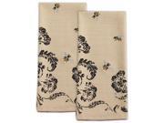Set of 2 Whimsical Light Beige Black Floral Print w Embroidered Bees Kitchen Dish Towel Accessory